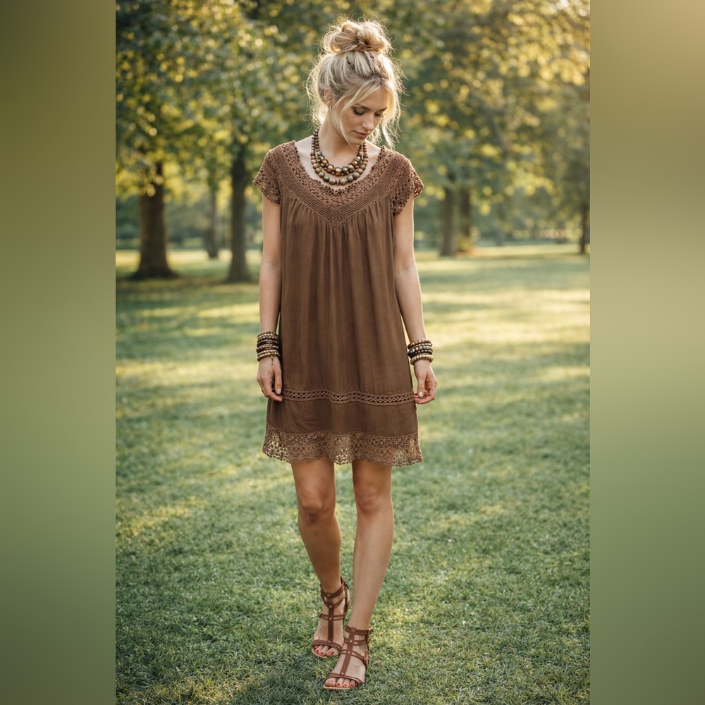Free People Brown Crochet Trim Lined Dress Sz S